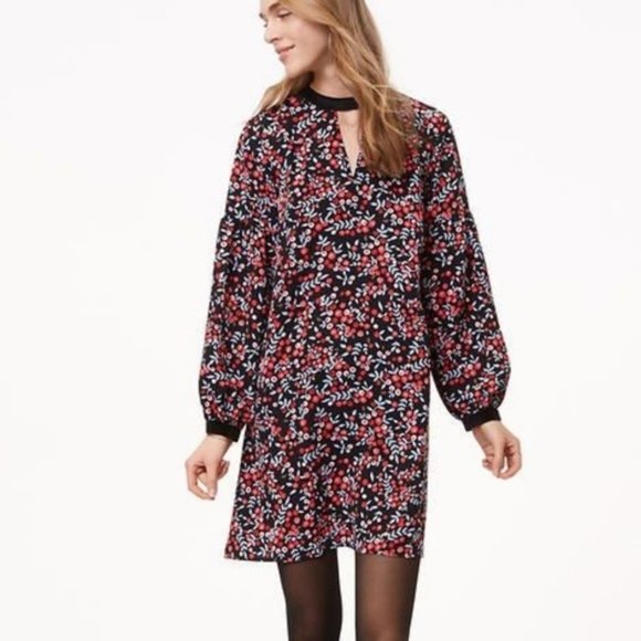 LOFT Cherry Berry Print Velvet Trim Cutout dress - Picture 1 of 8